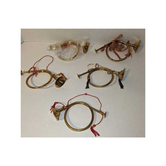 5 Handmade India Exotics Vtg Brass French Horn Bugle Tassel Ornament Christmas - Picture 1 of 11